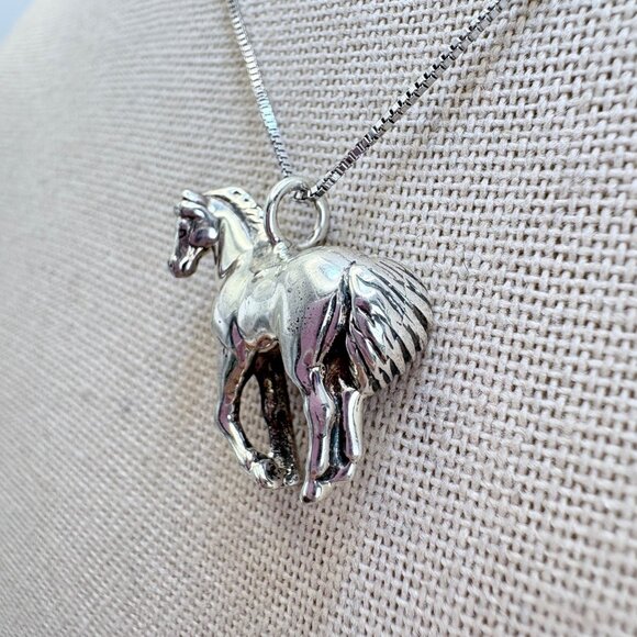 VTG Sterling Silver 925 Horse Pendant Box Link Chain Necklace Size 18" Length - Picture 4 of 14